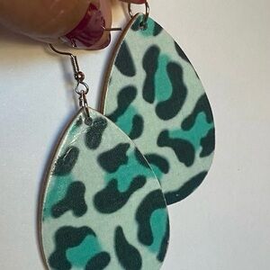 Teal and Black Leopard Print Teardrop Earrings.